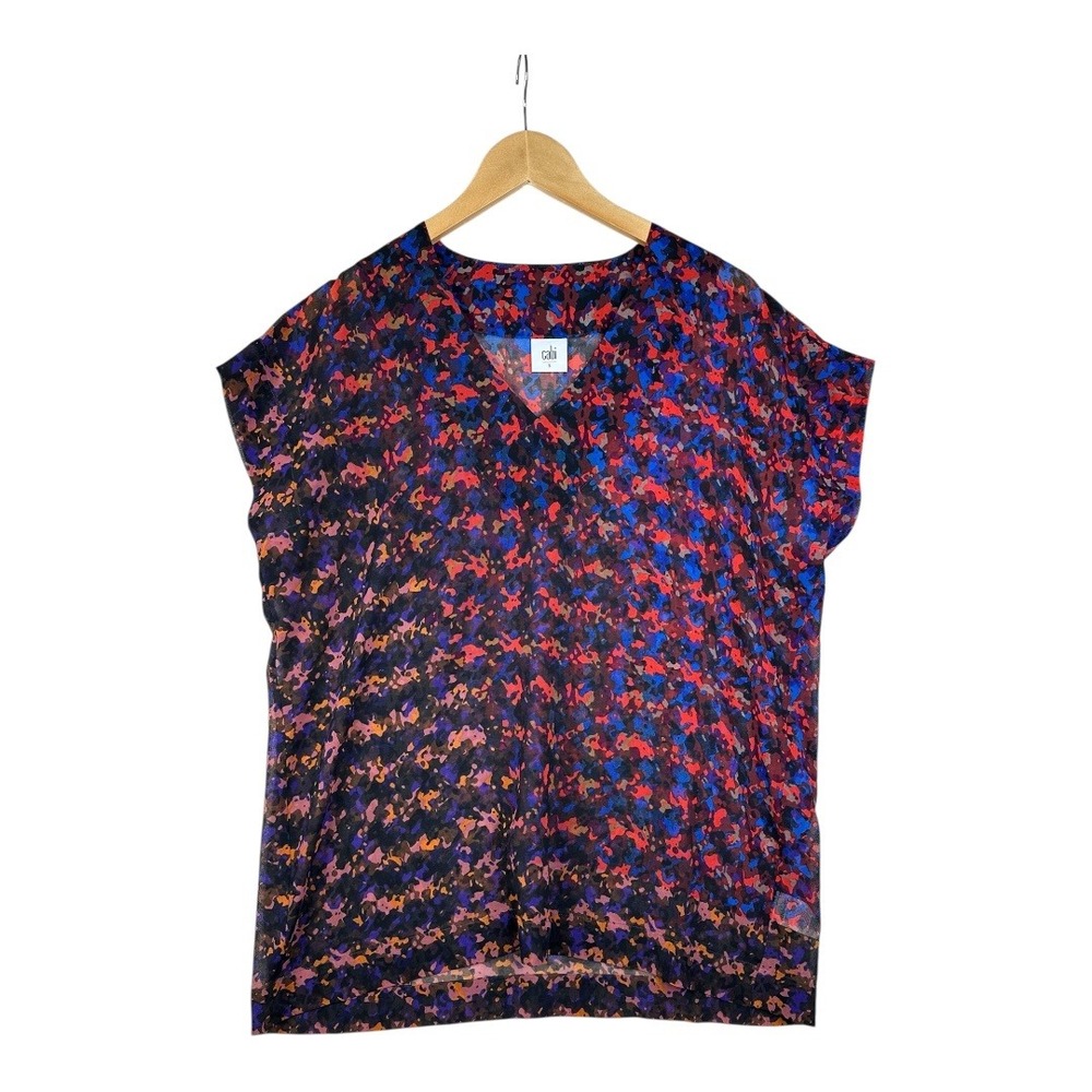 Cabi Abstract Splatter Chiffon Sheer Loose V-neck Blouse size Small Red/Blue‎